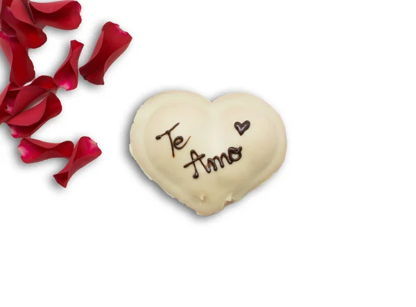 Festive Dessert Shape Heart Text Love You Spanish Rose Petals — Fotografia de Stock