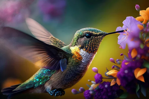 Beautiful hummingbird flying Amongst the colorful Spring Flowers. Blooming Flowers with amazing Bokeh and Featuring a elegant bird colibri at beautiful sunset.