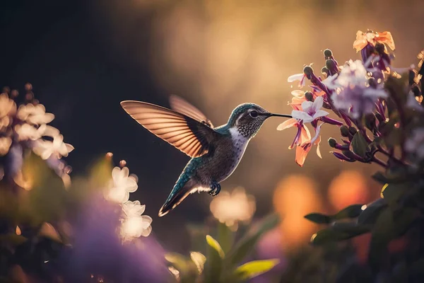 Beautiful hummingbird flying Amongst the colorful Spring Flowers. Blooming Flowers with amazing Bokeh and Featuring a elegant bird colibri at beautiful sunset.