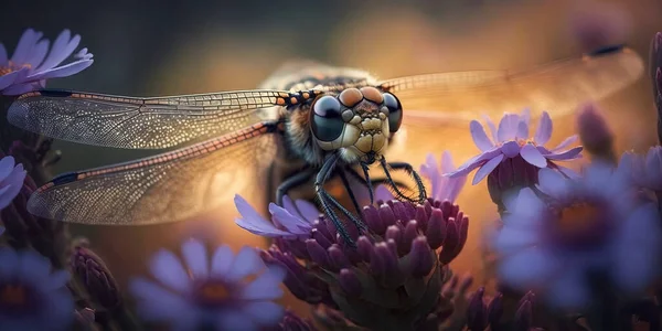 Dragonfly resting on colorful Spring Flowers. Blooming Flowers with amazing Bokeh and Featuring a stunning Dragonfly.