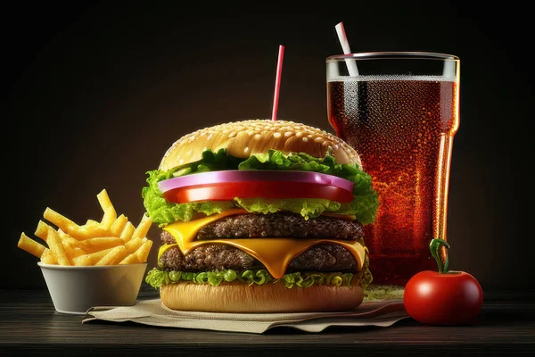 Delicious gourmet double burger with lettuce, cheese and onion, french fries and a drink.