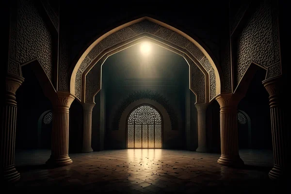 An Islamic mosque interior illuminated by moonlight. Islamic concept and Ramadan celebration.