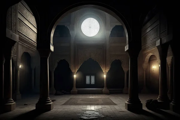 An Islamic mosque interior illuminated by moonlight. Islamic concept and Ramadan celebration.