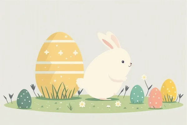 Easter illustration in Pastel colors. Fun easter with Rabbits, bunnies, eggs, birds and flowers, great for wallpapers and cards.