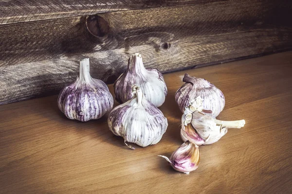Garlic Vintage Wooden Background — Stock Photo, Image
