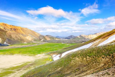 İzlanda 'daki Manzaralı Dağ manzarası. Landmannalaugar, Fjallabak Doğa Koruma Alanı.