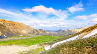 İzlanda 'daki Manzaralı Dağ manzarası. Landmannalaugar, Fjallabak Doğa Koruma Alanı.