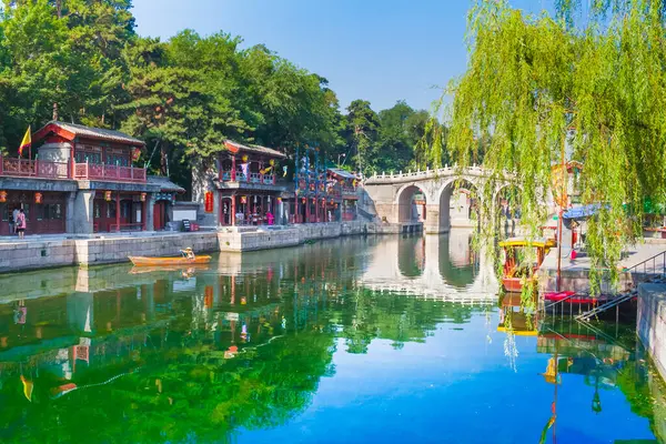 Renkli Yaz Sarayı sahnesi. Turist konsepti. Pekin, Çin.