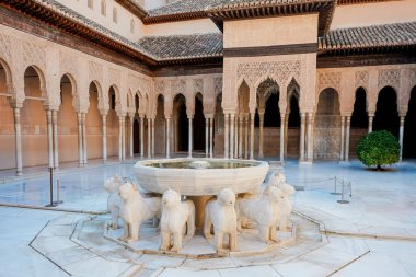 Alhambra Sarayı, Granada, İspanya. Bir çeşmeyi süsleyen on iki mermer aslan heykeli, avluya su fışkırtıyor, leone, alhambra, granada, Endülüs, İspanya