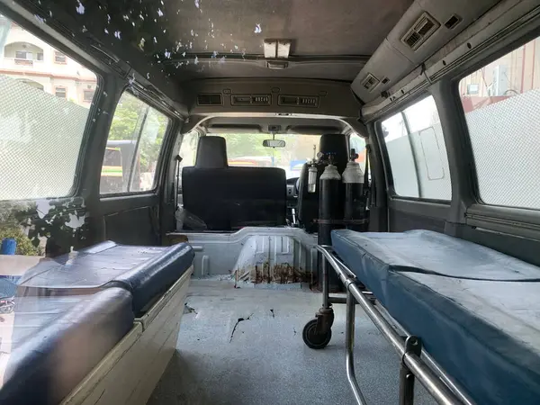 Inside view of an old ambulance van.