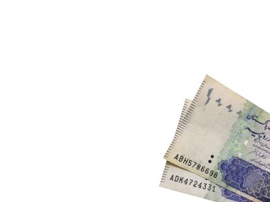 Pakistan Para Bankası notları. Beyaz bir arka planda izole edilmiş. Boşluğu Kopyala.