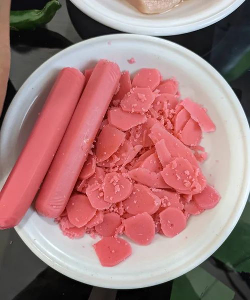 Pieces Raw Sausage Plate Ingredients Food Supplements Good Photo Blogs — Stock Photo, Image