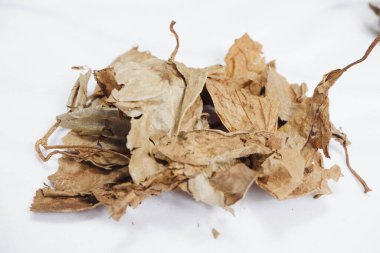 Beyaz arkaplanda kuru çay yaprağı