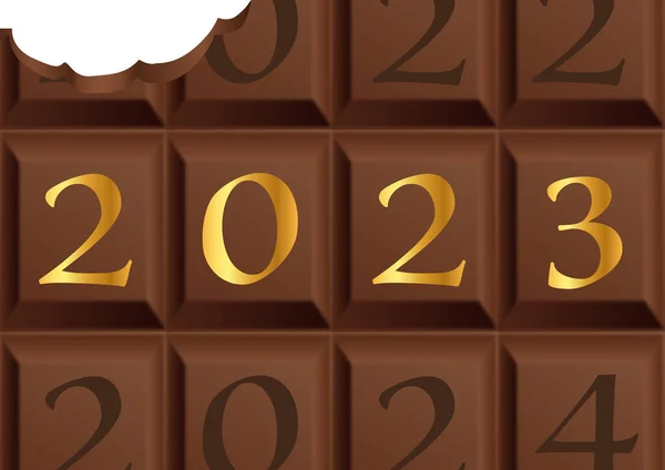 Вітальна Листівка 2023 Баром Молочного Шоколаду Частково Вирізаним Щоб Символізувати — стоковий вектор