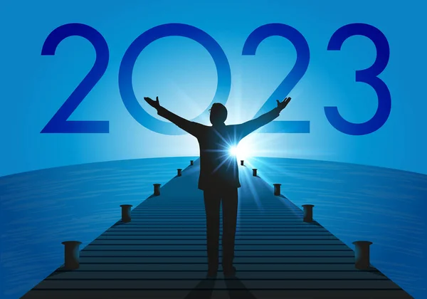 Pełna Nadziei Kartka Okolicznościowa 2023 Optymistycznym Biznesmenem Który Podnosi Ręce — Wektor stockowy
