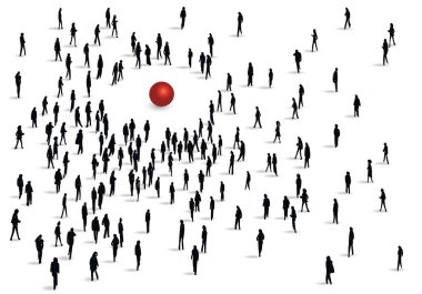 Concept of human curiosity for mystery, with people attracted by a strange red ball, symbolizing an enigma.