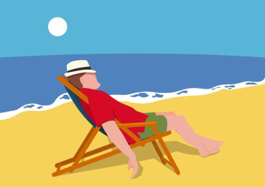 A man on a seaside vacation is resting while napping, lying in a deck chair on the beach.