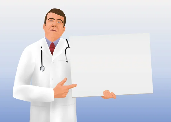 漫画のグラフィックスタイルでは 医師は公衆衛生メッセージや衛生ガイドラインを書くための空白の看板を提示します — ストックベクタ