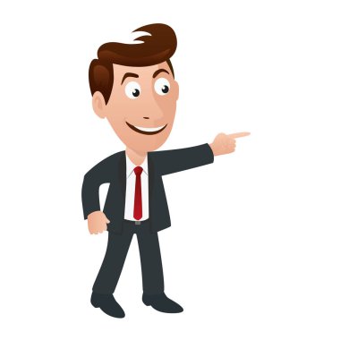 Illustration of a character in a suit, tie showing a direction to follow while reaching out.