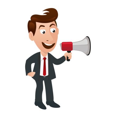Illustration representing a character in a suit and tie, holding a megaphone.
