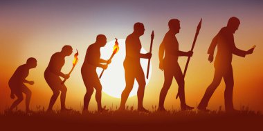 Akıllı telefona ve sosyal ağlara olan bağımlılık kavramı, ekranına bakarken gelişen ilkel insanın modern insana evrimini gösteren Darwin 'in sembolü..