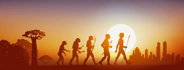 达尔文进化论的概念 用原始人从森林里出来加入现代社会的转变来说明 — 图库矢量图片