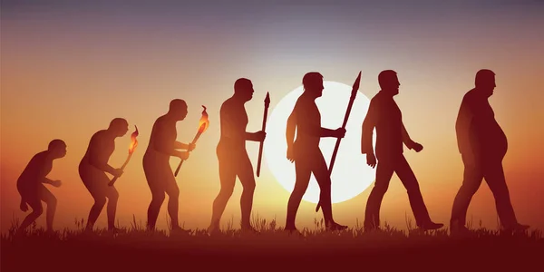 Concept of obesity and unhealthy eating with the symbol of Darwin showing the evolution from primitive man to modern man, leading to an overweight man walking with difficulty.