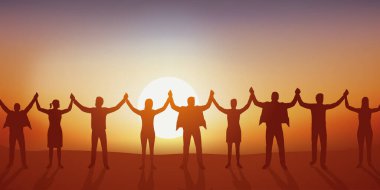 Concept of solidarity and union with men and women who join hands to form a human chain. clipart