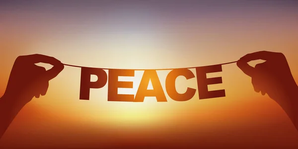 夕日に対するガーランドの緩い文字で書かれた単語の平和のシルエット — ストックベクタ