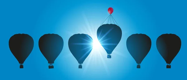 Koncept Vynalézavosti Úspěchu Horkovzdušnými Balónky Obloze Nichž Jeden Letí Výš — Stockový vektor