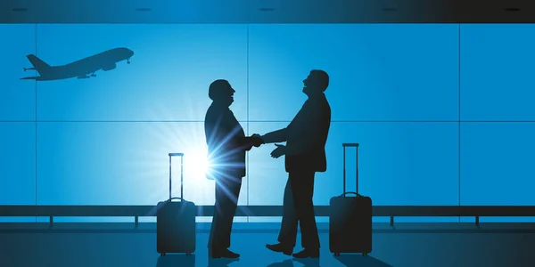 stock vector Concept of business travel, with the handshake between two business leaders in the hall of an airport, before boarding their planes