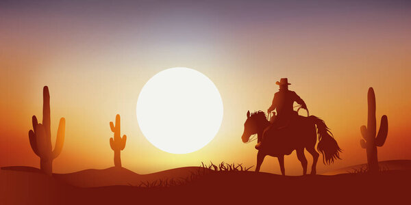 Concept of the solitary cowboy on his horse, which gallops in the middle of the desert in the middle of the cactus in front of a sunset.