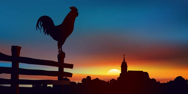 Country Landscape Dawn Rooster Perched Fence Foreground Traditional Village France — стоковый вектор