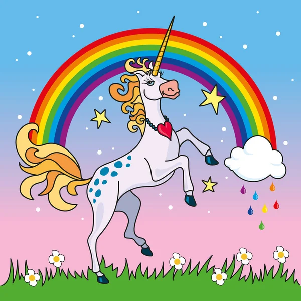 虹の前に突き出たユニコーンを象徴する子供時代と幻想的な動物のコンセプト — ストックベクタ