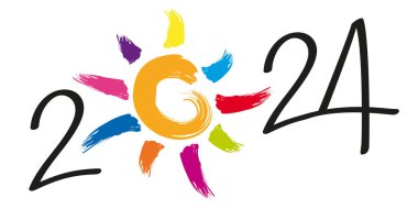 2024 yılı için umut ve iyimserlik kavramına ilişkin tebrik kartı, çok renkli güneş ışınlarının sembolü.