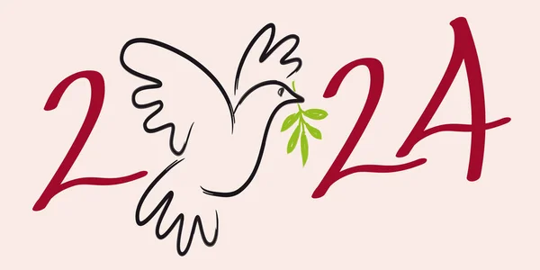 世界の平和のユートピアのサインの下で2024年を望むオリーブの枝を持つ鳩のラインイラスト ロイヤリティフリーのストックイラスト