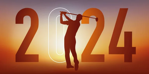 Golf Tema Sport Koncept För 2024 Gratulationskort Visar Golfare Gör Vektorgrafik