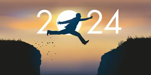 禅の太陽の前に二つの崖の間を飛び越えて 新しい2024年への移行を象徴する男 ロイヤリティフリーストックベクター