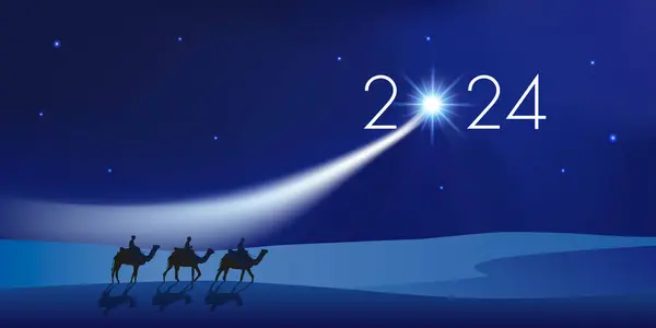 イエス キリストの誕生を祝うための贈り物を持ってベツレヘムに向かうラクダの三人の賢者を示すグリーティングカード2024 ロイヤリティフリーストックベクター
