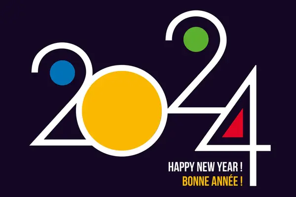 2024 için bir tebrik kartı, modern ve renkli grafiklerle mutlu yıllar dilemek ve bir şirketin hedeflerini sunmak için..