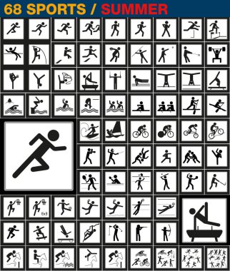 Yazın yapılan tüm yarışmaları işaret etmek için, spor simgeleri veya piktogramlarının tam bir koleksiyonu.