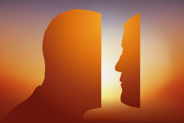 İçgözlem ve psikanaliz kavramı, profilde kendine bakan ve kişiliğini anlamaya çalışan bir adamla..