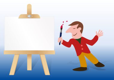 Tablo yapmak üzere olan bir ressamın resmi, bir sehpanın üzerine yerleştirilmiş beyaz bir tuval üzerinde..