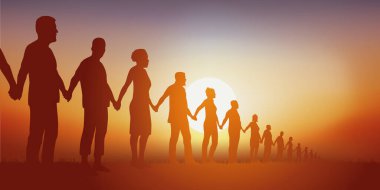 Concept of the human chain and solidarity with a group of aligned people who join hands to show that unity is strength. clipart