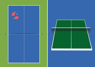 Masa tenisi yüzeyi diyagramı, yukarıdan ve perspektiften görünüyor