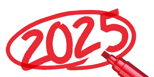 2025 yılı elle yazılmış ve kırmızı bir daire ile çevrelenmiş, beyaz bir kağıt zemin üzerinde işaretli veya işaretli,.