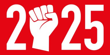 Concept of the strike and demonstrations for the year 2025, with the fist raised on a red background to symbolize the spirit of revolt.  clipart