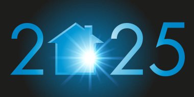 Greeting card showing the silhouette of a house to symbolize a real estate program project and the acquisition of housing for the year 2025. clipart