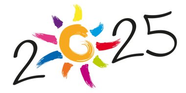 2025 yılı için umut ve iyimserlik kavramına ilişkin tebrik kartı, çok renkli güneş ışınlarının sembolü.