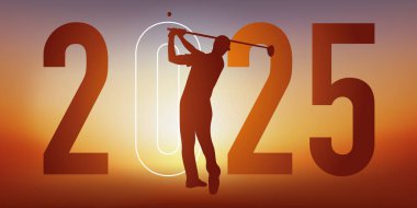 Golf themed sport concept for a 2025 greeting card showing a golfer doing a swing. clipart